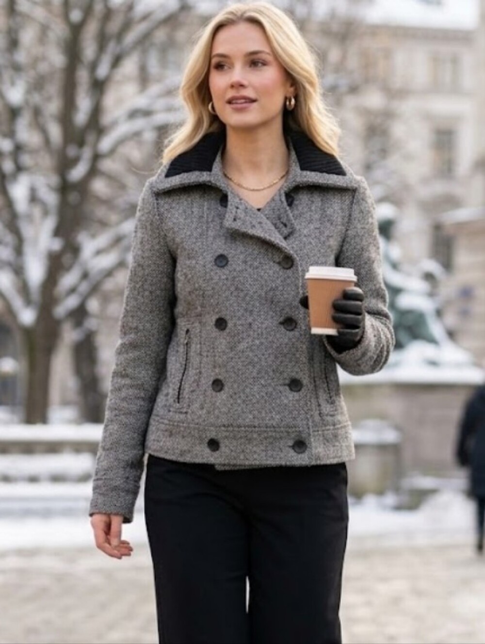 ZARA Tweed Double Breasted Pea Coat Jacket Large Black White Knit Collar Sz L